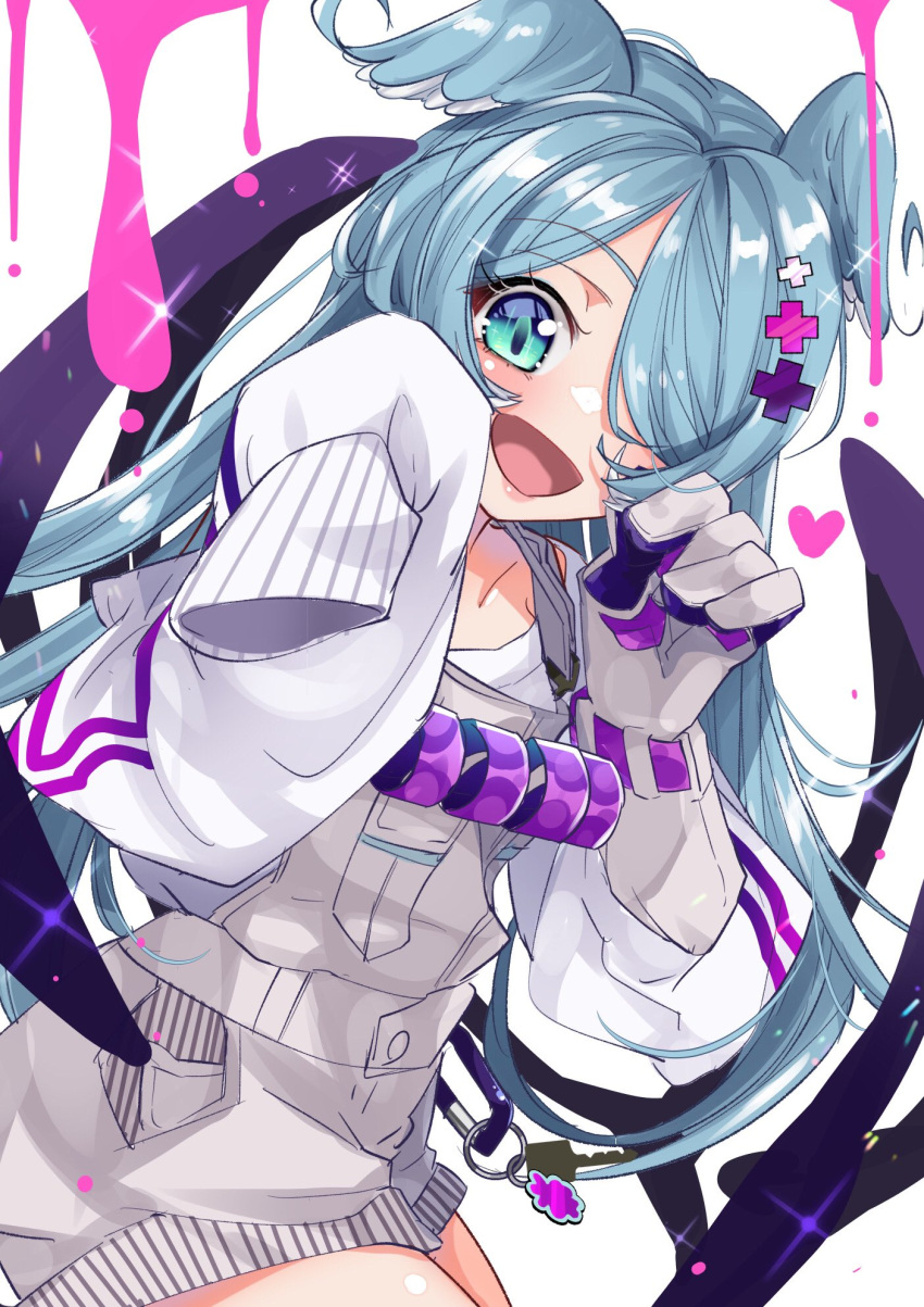 1girl bangs blue_eyes blue_hair blush collarbone elira_pendora gloves grey_gloves grey_overalls hair_over_one_eye head_wings heart highres long_hair low_wings nijisanji nijisanji_en off_shoulder one_eye_covered open_mouth overall_shorts overalls siki_mhr single_glove sleeves_past_fingers sleeves_past_wrists smile solo sparkle sweater virtual_youtuber white_sweater wings