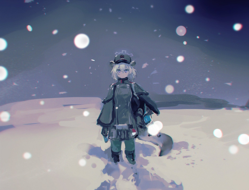 1girl a animal_ears bangs blue_archive boots cape closed_mouth coat gloves hair_between_eyes halo hat highres kyuuri_(miyako) long_sleeves looking_at_viewer military military_uniform outdoors pants purple_eyes shigure_(blue_archive) short_hair snow snowing solo standing tail thigh_boots thighhighs uniform white_hair