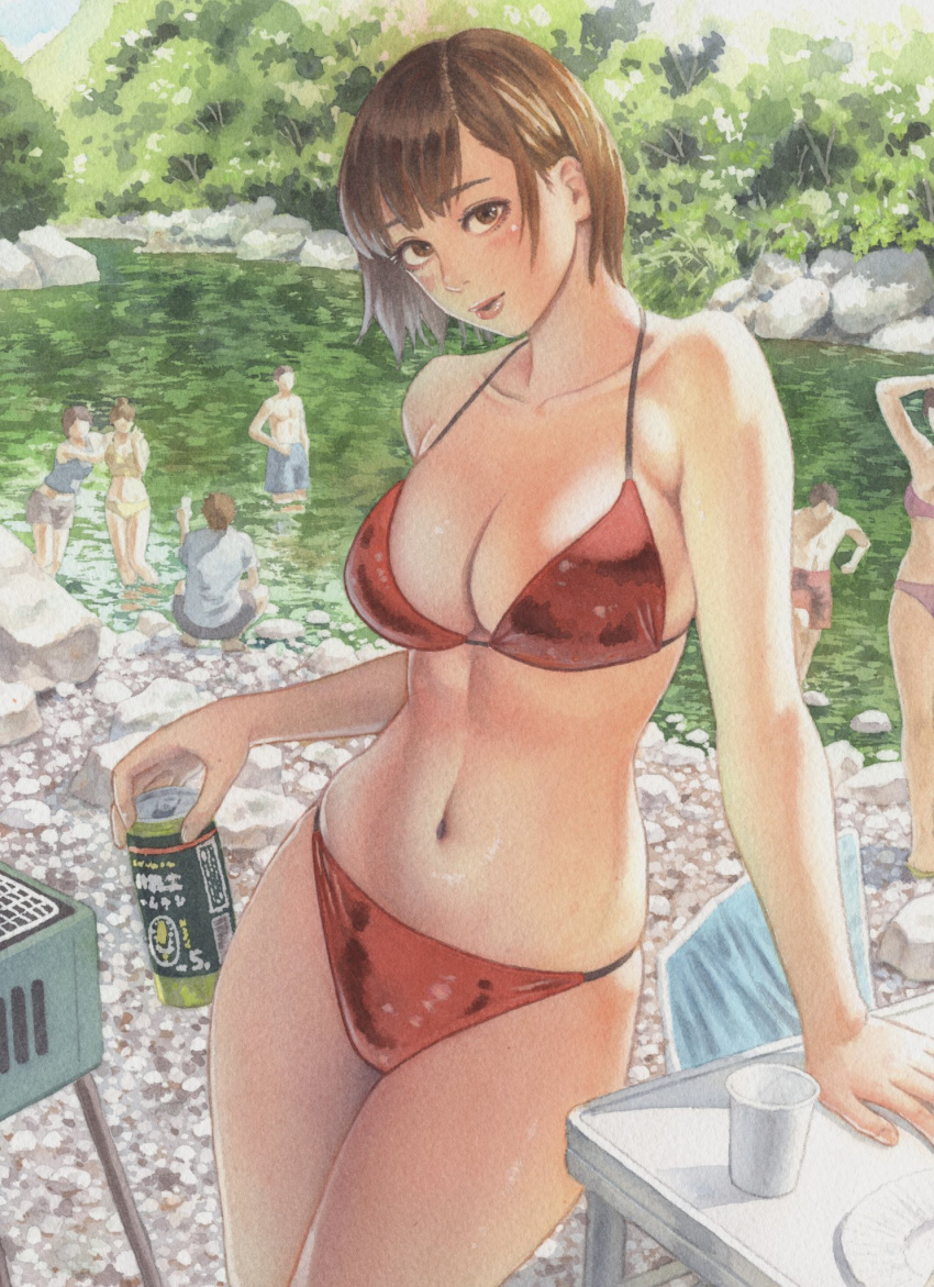 3boys 4girls beer_can bikini blush boulder breasts brown_hair camping_chair can cleavage collarbone cup day forest grill hand_on_table highres holding holding_can looking_at_viewer makki_(tobaccos) multiple_boys multiple_girls nature navel original outdoors painting_(medium) parted_lips pond rock shirt short_hair shorts sidelighting solo_focus sunlight swimsuit table traditional_media water watercolor_(medium)