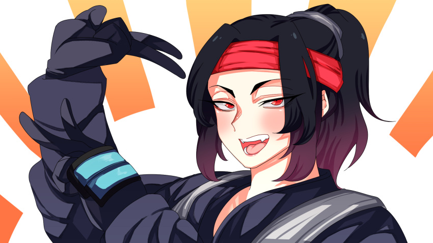 1girl apex_legends bangs black_gloves black_hair black_robe blush cloud_marauder_valkyrie fangs gloves haguki hair_behind_ear headband highres looking_at_viewer official_alternate_costume open_mouth parted_bangs ponytail portrait red_eyes red_headband smile solo textless valkyrie_(apex_legends)
