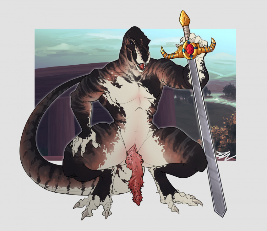 2022 anthro claws crouching dinosaur erection genitals holding_object holding_sword holding_weapon male melee_weapon nude open_mouth penis pinup pose presenting presenting_penis reptile scalie sheycra solo spread_legs spreading sword teeth theropod tyrannosaurid tyrannosaurus tyrannosaurus_rex weapon