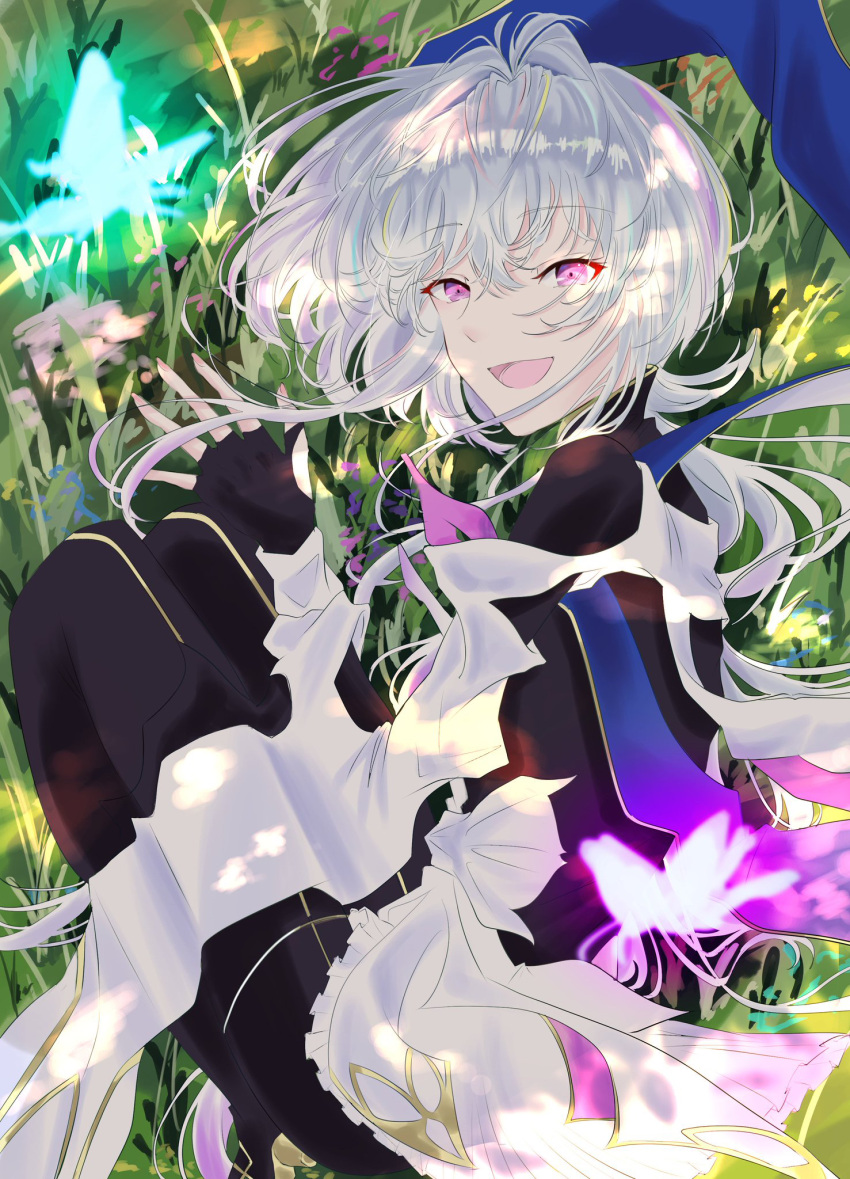 1girl ahoge bangs black_gloves black_pants breasts fate/grand_order fate/prototype fate_(series) fingerless_gloves gloves grass highres long_hair long_sleeves looking_at_viewer medium_breasts merlin_(fate/prototype) open_mouth pants purple_eyes smile thighs very_long_hair white_hair white_robe wide_sleeves xiao_yue_(3332ki)