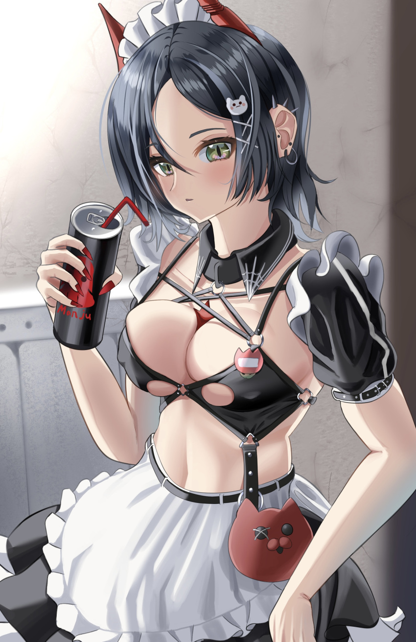 1girl absurdres apron azuma_(sospower73) azur_lane black_bra black_collar black_hair black_skirt bra breasts can cleavage collar covered_nipples drinking_straw highres holding holding_can horns looking_at_viewer maid manjuu_(azur_lane) mechanical_horns medium_breasts official_alternate_costume puffy_short_sleeves puffy_sleeves red_horns short_sleeves skirt solo standing ulrich_von_hutten_(azur_lane) ulrich_von_hutten_(mayhem_maid)_(azur_lane) underwear white_apron white_hair yellow_eyes