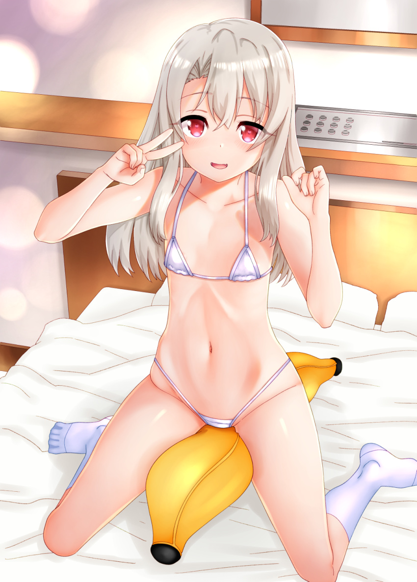 1girl bangs bare_shoulders bikini blush breasts collarbone fate/kaleid_liner_prisma_illya fate_(series) hair_between_eyes highleg highleg_bikini highres illyasviel_von_einzbern kneehighs kneeling long_hair looking_at_viewer micro_bikini navel okina_ika on_bed open_mouth red_eyes sidelocks small_breasts smile socks solo swimsuit v white_bikini white_hair white_legwear