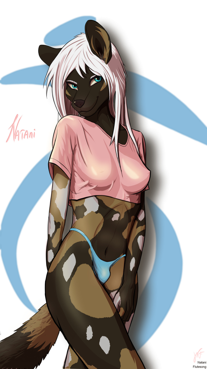 2021 5_fingers african_wild_dog animal_genitalia anthro attached_sheath belly blue_clothing blue_eyes blue_panties blue_underwear breasts brown_body brown_fur brown_sheath bulge canid canine clothed clothing crop_top digital_drawing_(artwork) digital_media_(artwork) digital_painting_(artwork) fingers fur genitals gynomorph hair hi_res intersex long_hair looking_at_viewer mammal midriff mostly_nude mostly_nude_anthro mostly_nude_gynomorph multicolored_body multicolored_fur natani_flutesong nataniflutesong naughty_face navel nude panties panties_bulge partially_clothed partially_clothed_anthro partially_clothed_gynomorph pink_clothing pinup portrait pose seductive sheath shirt small_sheath smile snout solo spots spotted_body spotted_fur tan_body tan_fur top_(disambiguation) topwear underwear wet wet_clothing white_body white_fur white_hair