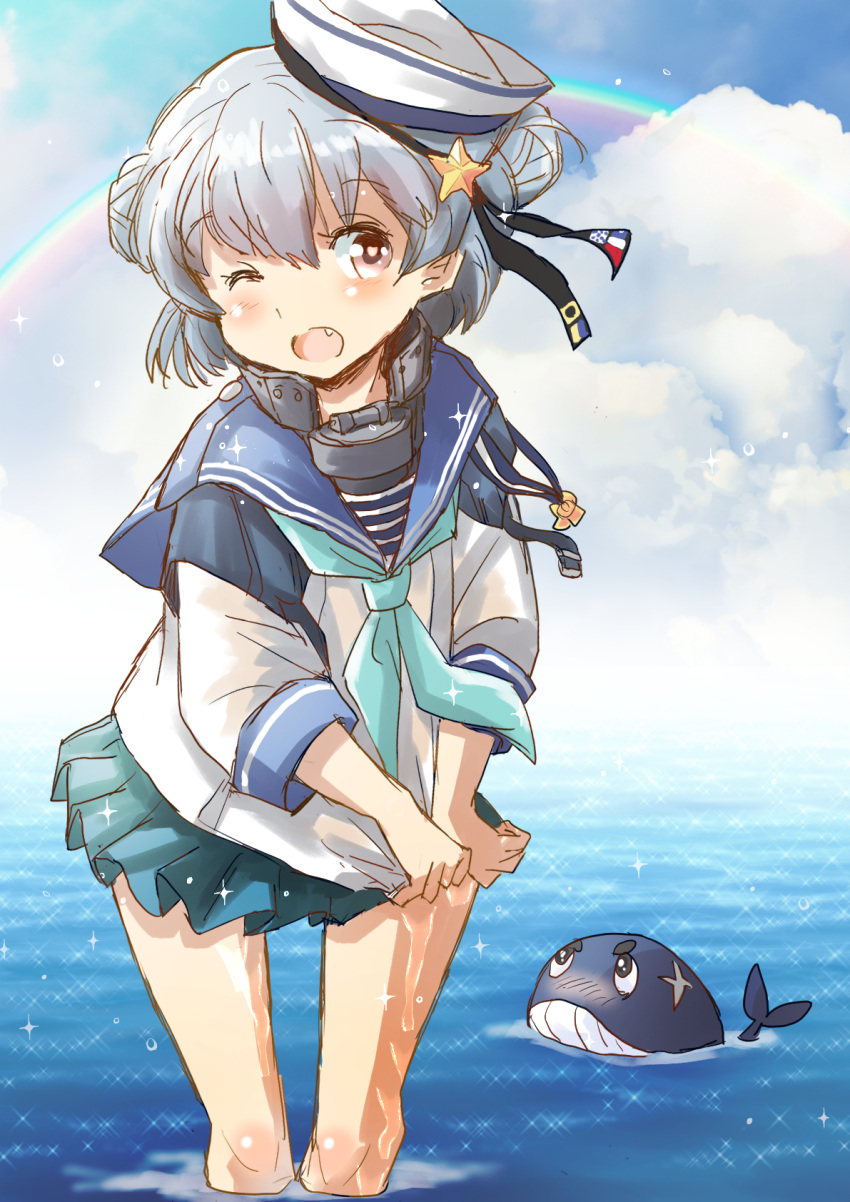 1girl aqua_neckerchief aqua_skirt black_ribbon blue_hair blue_sailor_collar blue_sky cloud commentary_request dixie_cup_hat double_bun fuji_(pixiv24804665) hat hat_ribbon highres kantai_collection little_blue_whale_(kancolle) long_sleeves looking_at_viewer military_hat miniskirt navy_cross neckerchief pleated_skirt rainbow ribbon sailor_collar samuel_b._roberts_(kancolle) school_uniform serafuku shirt short_hair skirt sky sleeve_cuffs soaking_feet water wet whale white_headwear white_shirt wringing_clothes yellow_eyes