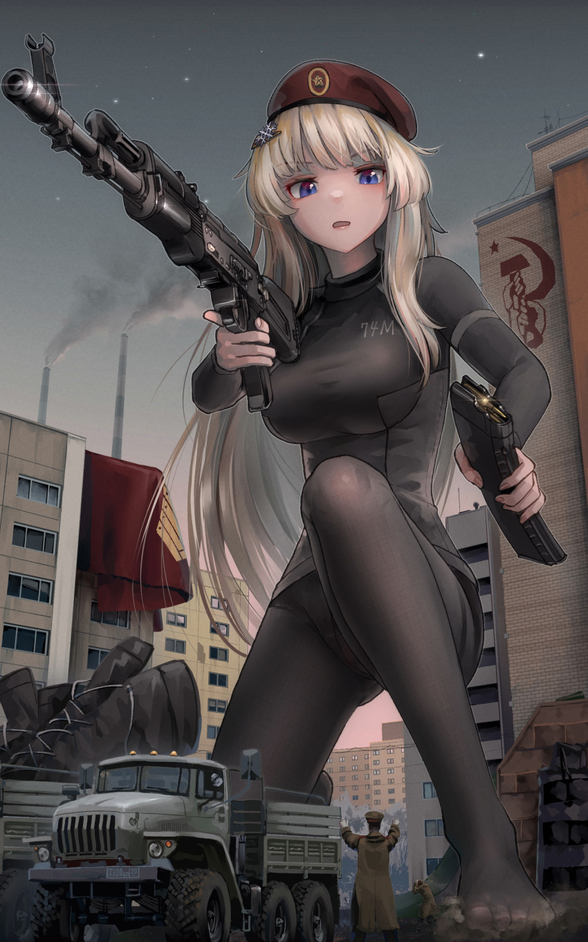 1girl absurdres ak-74m ak74m_(girls'_frontline) assault_rifle beret black_footwear black_legwear black_shirt blonde_hair blue_eyes boots boots_removed building city cross-laced_footwear eyebrows_visible_through_hair giant giantess girls'_frontline gun hair_ornament hat highres holding holding_gun holding_magazine_(weapon) holding_weapon kalashnikov_rifle lace-up_boots long_hair long_sleeves magazine_(weapon) military military_uniform open_mouth pantyhose red_headwear red_skirt rifle shirt skirt skirt_removed smoke snowflake_hair_ornament trigger_discipline uniform very_long_hair weapon welt_(kinsei_koutenkyoku)