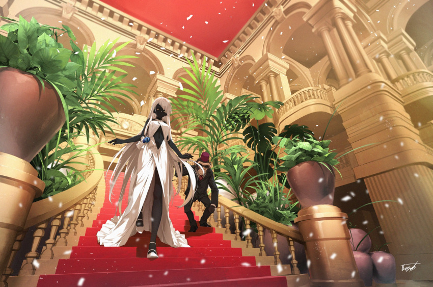 1girl black_skin colored_skin dress fez_hat formal full_body furisuku gloves half-closed_eyes high_heels highres holding_hands long_hair monkey navel original plant potted_plant stairs suit sunglasses symbol-only_commentary very_long_hair walking white_dress white_hair yellow_eyes