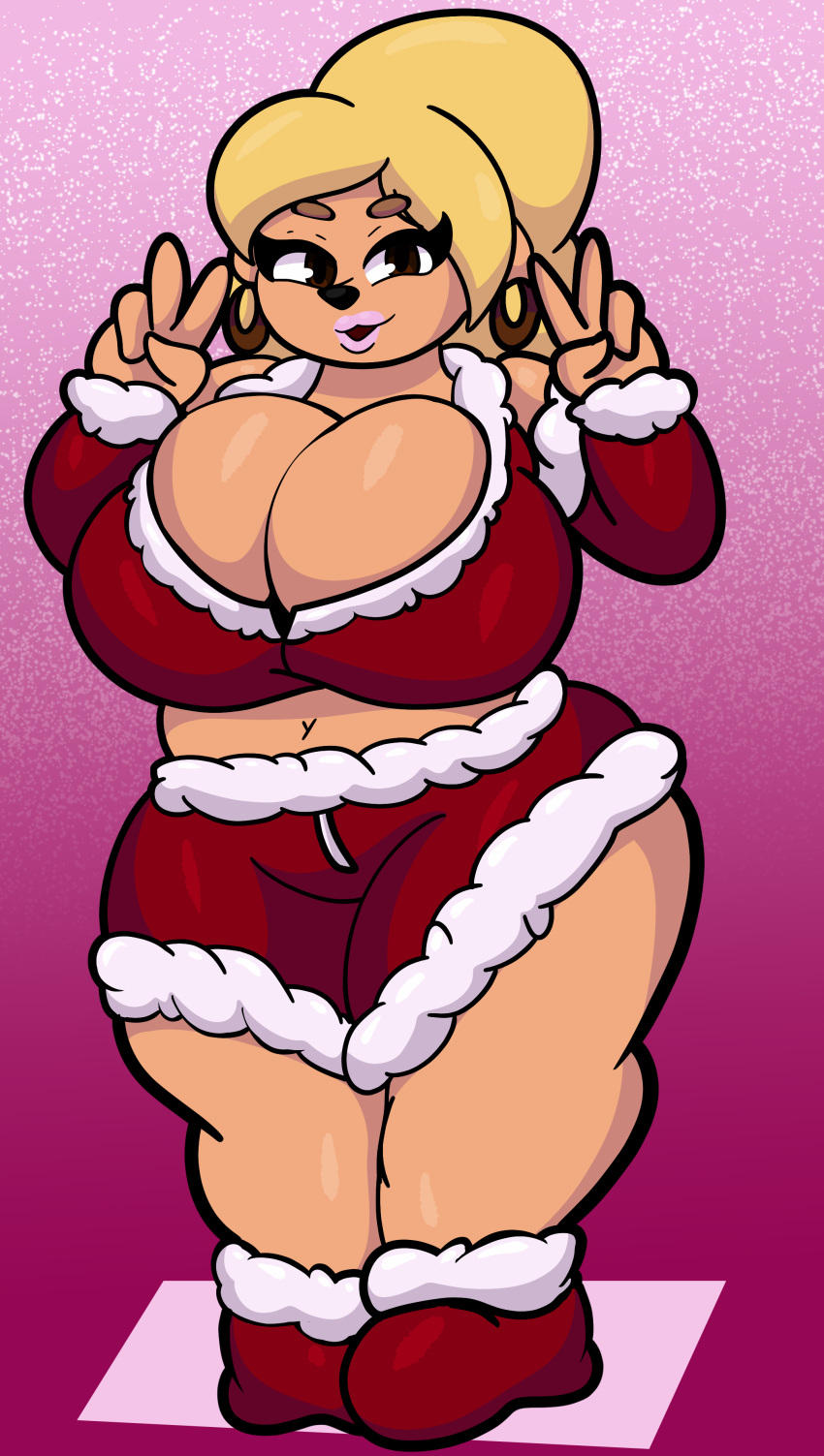 2021 absurd_res anthro armwear big_breasts blonde_hair bottomwear breast_squish breasts brown_eyes canid canine canis christmas christmas_clothing cleavage cleavage_overflow clothed clothing crop_top curvy_figure digital_media_(artwork) disney domestic_dog ear_piercing ear_ring elbow_gloves eyelashes female fingers fur gesture gloves goof_troop hair handwear hi_res holidays huge_breasts lips lisa_(goof_troop) mammal navel piercing pink_background shirt shorts simple_background smile snow snowing solo someth1ngoranother squish standing tan_body tan_fur thick_thighs topwear v_sign voluptuous wide_hips