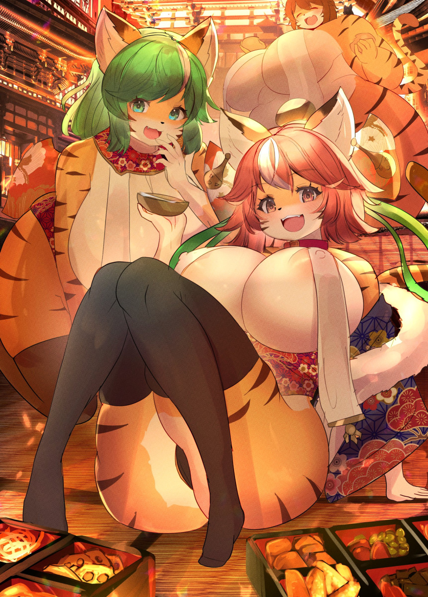 absurd_res anthro areola areola_slip big_breasts blush breasts brown_eyes brown_hair butt clothed clothing curvy_figure ear_piercing eating eyebrow_through_hair eyebrows eyes_closed felid female fingers food fur green_eyes green_hair group hair hi_res highlights_(coloring) huge_breasts kakuteki11029 kemono legwear looking_at_viewer mammal multicolored_body multicolored_fur nipple_outline obese obese_anthro obese_female open_mouth orange_body orange_fur overweight overweight_anthro overweight_female pantherine piercing skimpy standing stockings striped_body striped_fur stripes thick_thighs thigh_highs tiger tiger_sister_(kyuuri) translucent translucent_hair voluptuous white_body white_fur white_highlights wide_hips