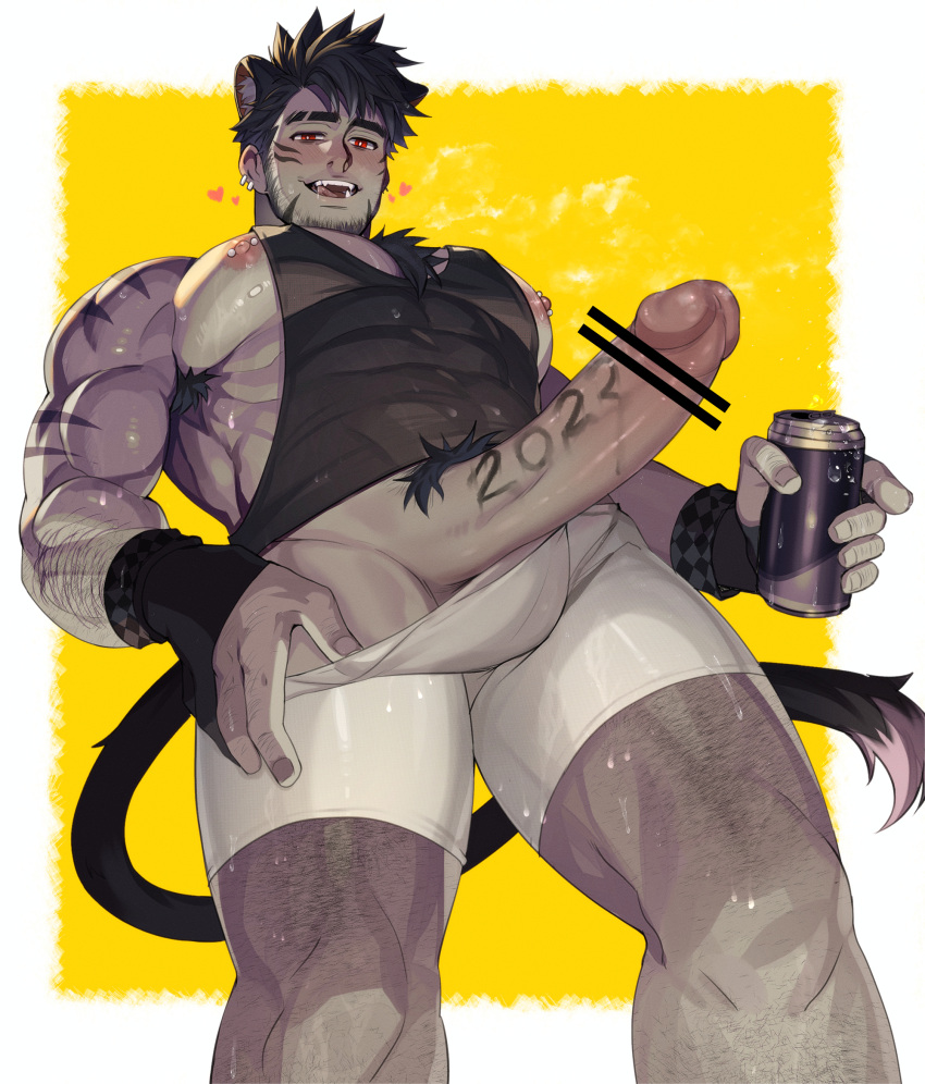 1boy 2022 animal_ears arkapami armpit_hair bar_censor bara bare_pectorals black_gloves black_hair black_tank_top boxer_briefs can censored chest_hair chinese_zodiac earrings erection facial_hair gloves happy_new_year heart highres holding holding_can jewelry large_pectorals leg_hair looking_at_viewer male_focus male_pubic_hair male_underwear male_underwear_pull muscular muscular_male new_year nipple_piercing nipples open_mouth original partially_fingerless_gloves pectorals penis piercing pubic_hair pulled_by_self red_eyes short_hair sideburns sidepec smile soda_can solo tank_top thick_thighs thighs tiger_boy tiger_ears underwear white_male_underwear year_of_the_tiger