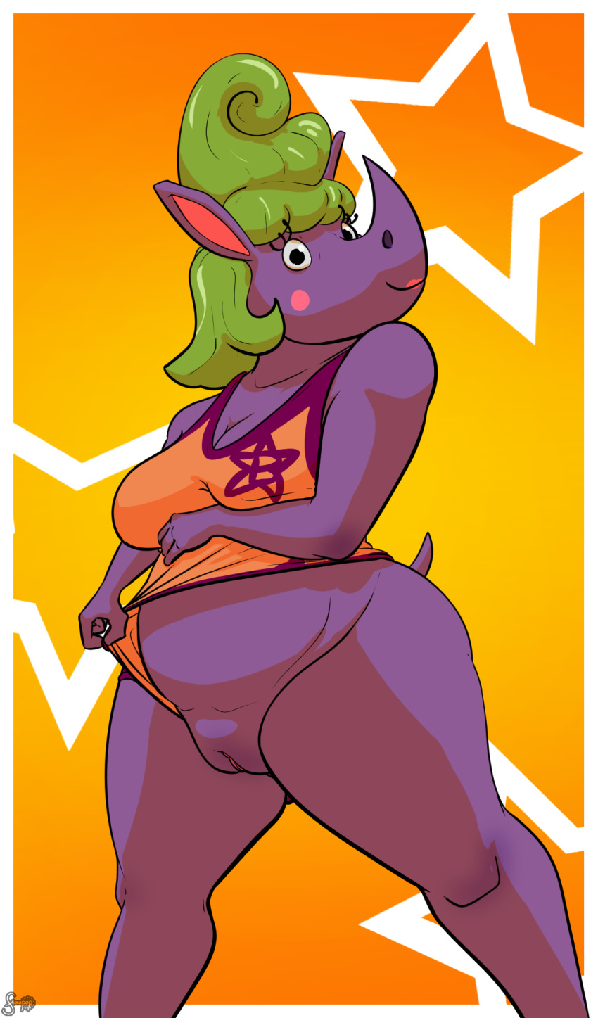 2022 anthro breasts chico_chica_boumba cleavage clothed clothing clothing_aside female fizzpop genitals green_hair hair hi_res horn leotard leotard_aside lipstick looking_at_viewer makeup mammal miss_boumba partially_clothed portrait presenting presenting_pussy purple_body pussy rhinocerotoid smile solo standing three-quarter_portrait