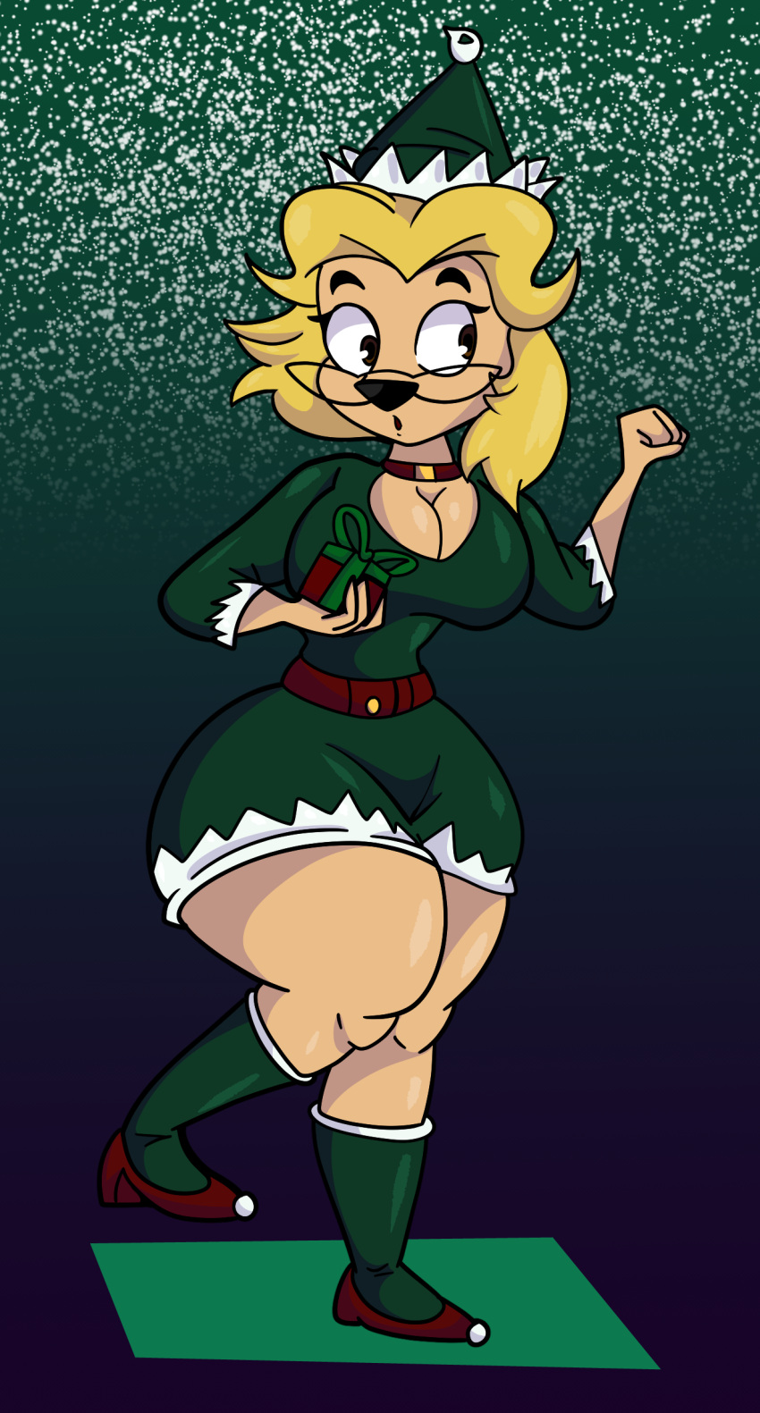 2021 absurd_res anthro big_breasts blonde_hair breasts brown_eyes canid canine canis christmas christmas_clothing cleavage clothed clothing collar curvy_figure digital_media_(artwork) disney domestic_dog dress eyelashes eyewear female fingers fur gift glasses goof_troop green_background hair hat headgear headwear hi_res high_heels holidays hourglass_figure long_socks mammal ms._pennypacker short_hair simple_background snow snowing solo someth1ngoranother standing tan_body tan_fur thick_thighs voluptuous wide_hips