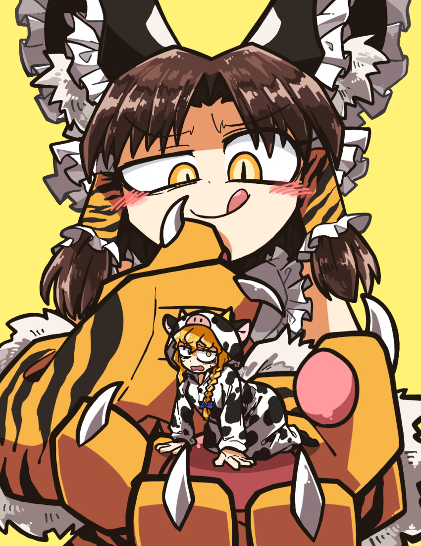 2girls amerika_zarigani animal_costume animal_hands animal_print bangs benikurage_(cookie) black_bow blonde_hair blue_bow blush bow braid brown_hair chinese_zodiac claws closed_mouth commentary_request cookie_(touhou) cow_costume eyebrows_visible_through_hair frilled_bow frilled_hair_tubes frills gloves hair_bow hair_tubes hakurei_reimu highres kirisame_marisa licking_lips long_hair looking_to_the_side mars_(cookie) medium_hair minigirl multiple_girls open_mouth parted_bangs paw_gloves side_braid simple_background single_braid slit_pupils smile tiger_print tongue tongue_out touhou upper_body year_of_the_ox year_of_the_tiger yellow_background yellow_eyes you_gonna_get_eaten