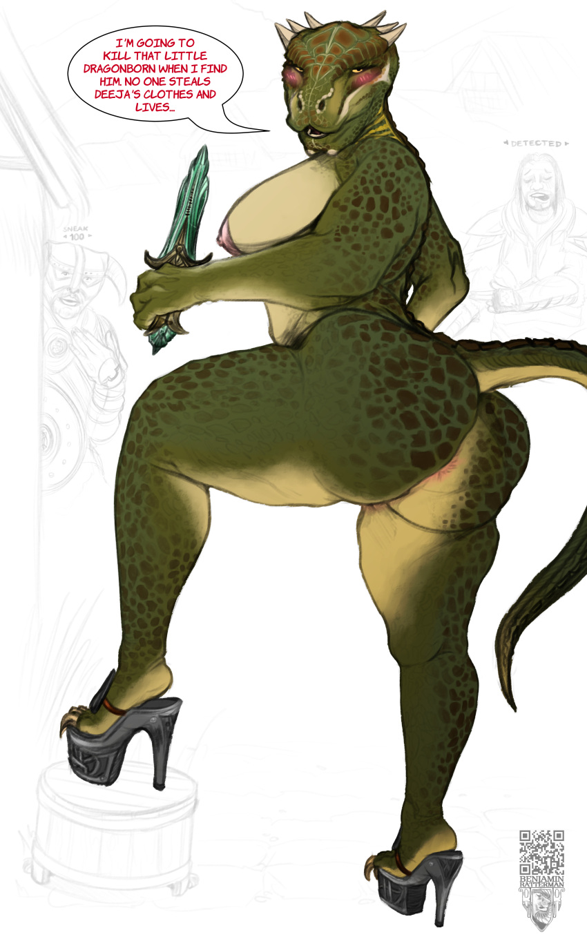 absurd_res anthro argonian benjamin_ratterman bethesda_softworks big_breasts big_butt big_nipples breasts butt deeja dialogue digital_drawing_(artwork) digital_media_(artwork) dovahkiin english_text farkas female hi_res high_heels lizard looking_back nipples nude portrait reptile scalie skyrim solo text the_elder_scrolls thick_thighs video_games