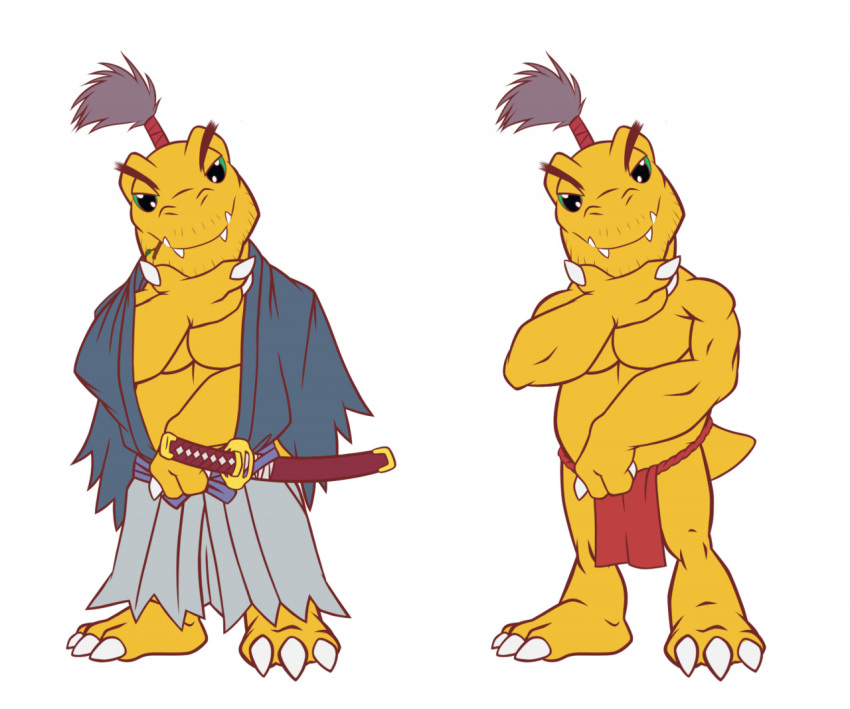 agumon anthro asian_clothing bandai_namco belly claws clothing digimon digimon_(species) dilgearwolfang east_asian_clothing eyebrows fundoshi japanese_clothing katana male melee_weapon pecs samurai slightly_chubby solo sword thick_eyebrows topknot underwear warrior weapon yellow_body