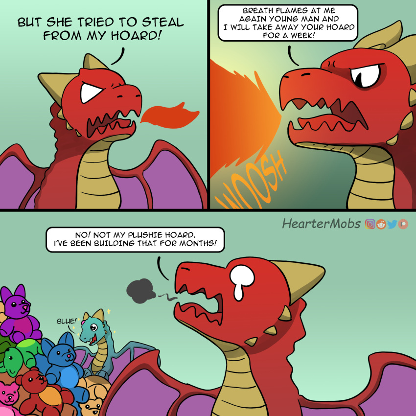 1:1 2021 ambiguous_gender bodily_fluids breath_powers comic dialogue dragon duo elemental_manipulation english_text fire fire_breathing fire_manipulation heartermobs hi_res hoard horn male open_mouth plushie purple_wings red_body red_scales scales scalie simple_background smoke_from_mouth speech_bubble tears text wings