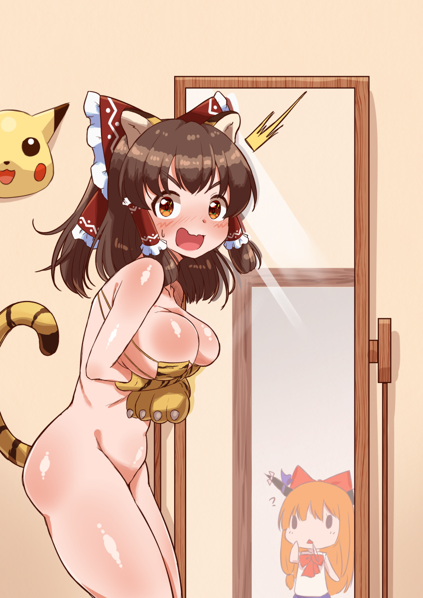 2girls ? absurdres animal_ears animal_hands animal_print bangs bikini body_blush bottomless bow bowtie breasts brown_eyes brown_hair caught chinese_zodiac commentary_request cookie_(touhou) cowboy_shot eyepatch_bikini fake_animal_ears fake_tail frilled_hair_tubes frills gloves hair_bow hair_tubes hakurei_reimu highres horns ibuki_suika kanna_(cookie) large_breasts long_hair looking_at_viewer looking_to_the_side mask mirror multiple_girls open_mouth orange_hair paw_gloves pikachu pokemon print_bikini red_bow red_bowtie shirt swimsuit tail tiger_print tiger_stripes touhou tsugumi_amon white_shirt yamin_(cookie) year_of_the_tiger