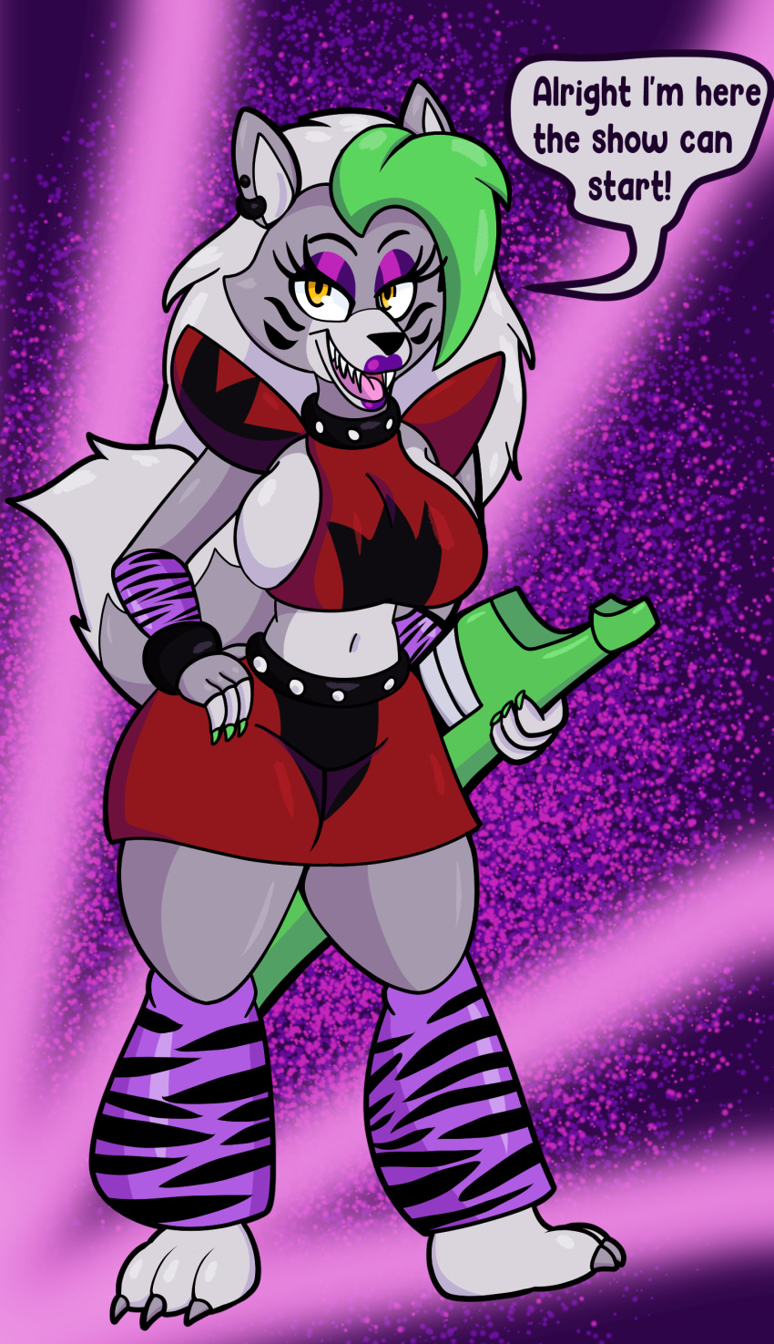 2021 absurd_res animatronic anthro big_breasts big_tail bottomwear breasts canid canine canis clothing crop_top curvy_figure dialogue digital_media_(artwork) ear_piercing english_text eyelashes eyeshadow feet female fingers five_nights_at_freddy's five_nights_at_freddy's:_security_breach fur green_hair grey_body grey_fur hair hand_on_hip hi_res keyboard_instrument keytar lips long_hair looking_at_viewer machine makeup mammal midriff multicolored_body multicolored_fur multicolored_hair musical_instrument navel piercing robot roxanne_wolf_(fnaf) scottgames sharp_teeth shirt side_boob simple_background skirt smile solo someth1ngoranother standing talking_to_viewer teeth text thick_thighs toes tongue topwear two_tone_body two_tone_fur two_tone_hair video_games voluptuous white_hair wide_hips wolf yellow_eyes