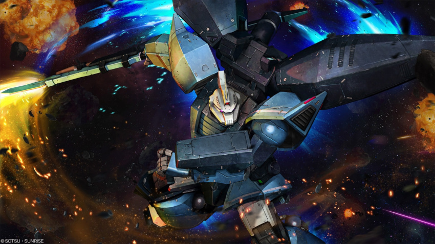 absurdres battle bayonet beam_rifle company_name copyright_notice debris energy energy_beam energy_blade energy_gun explosion gelgoog_vertex gundam gundam_battle_operation_2 highres machinery mecha mecha_focus mobile_suit no_humans official_art realistic robot scan science_fiction shield solo space sunrise_(company) tenjin_hidetaka thrusters traditional_media weapon