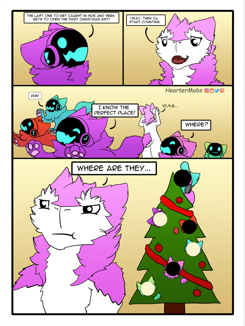 2021 2_frame_animation absurd_res animated anthro christmas christmas_lights christmas_tree dialogue english_text feral fur green_body green_fur group heartermobs hi_res hide_and_seek holidays humor machine paws pink_body pink_fur plant protogen purple_body purple_fur red_body red_fur sergal simple_background speech_bubble text tree visor white_body white_fur