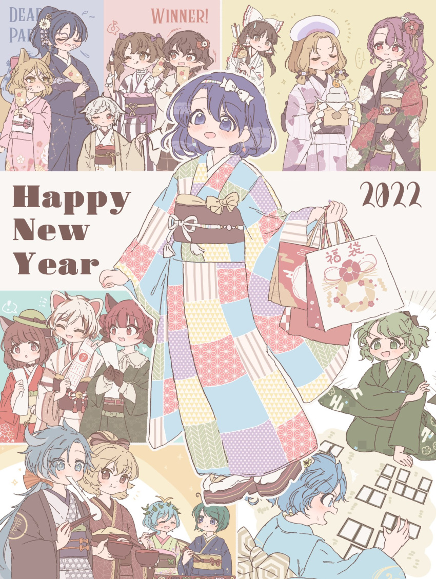 2022 6+girls :d ;q ^_^ alternate_costume animal_ears antennae arrow_(projectile) bag bangs black_hair black_kimono blonde_hair blue_eyes blue_hair blue_kimono bow bowl brown_hair brown_kimono cat_ears chen closed_eyes closed_mouth constellation_print eating english_text eternity_larva eyebrows_visible_through_hair floral_print flower fox_ears goutokuji_mike green_eyes green_hair green_headwear green_kimono grey_eyes grey_hair hagoita hair_bow hair_flower hair_ornament hair_tubes hakurei_reimu hamaya heart heart_tattoo highres himekaidou_hatate himemushi_momoyo holding holding_bag holding_bowl holding_paintbrush iizunamaru_megumu inubashiri_momiji japanese_clothes kaenbyou_rin kagami_mochi kawashiro_nitori kimono komakusa_sannyo kudamaki_tsukasa kurodani_yamame leaf leaf_on_head long_hair long_sleeves looking_at_another mochi multicolored_clothes multicolored_hair multicolored_kimono multiple_girls new_year one_eye_closed open_mouth paddle paintbrush pink_kimono ponytail purple_eyes purple_hair red_eyes red_flower red_hair red_kimono sakurasaka sandals sash shameimaru_aya short_hair sidelocks smile streaked_hair tamatsukuri_misumaru tattoo tenkyuu_chimata tongue tongue_out touhou two_side_up white_bow white_hair white_kimono white_legwear wide_sleeves wriggle_nightbug yamashiro_takane