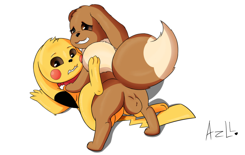 &lt;3 3_toes 4_toes anthro azl_l backsack balls brown_body brown_butt brown_ears brown_fur brown_tail butt duo eevee feet fur genitals hi_res hindpaw male male/male nintendo open_mouth paws pikachu pok&eacute;mon pok&eacute;mon_(species) sex simple_background smile toes video_games white_background yellow_body yellow_butt yellow_ears yellow_fur yellow_tail
