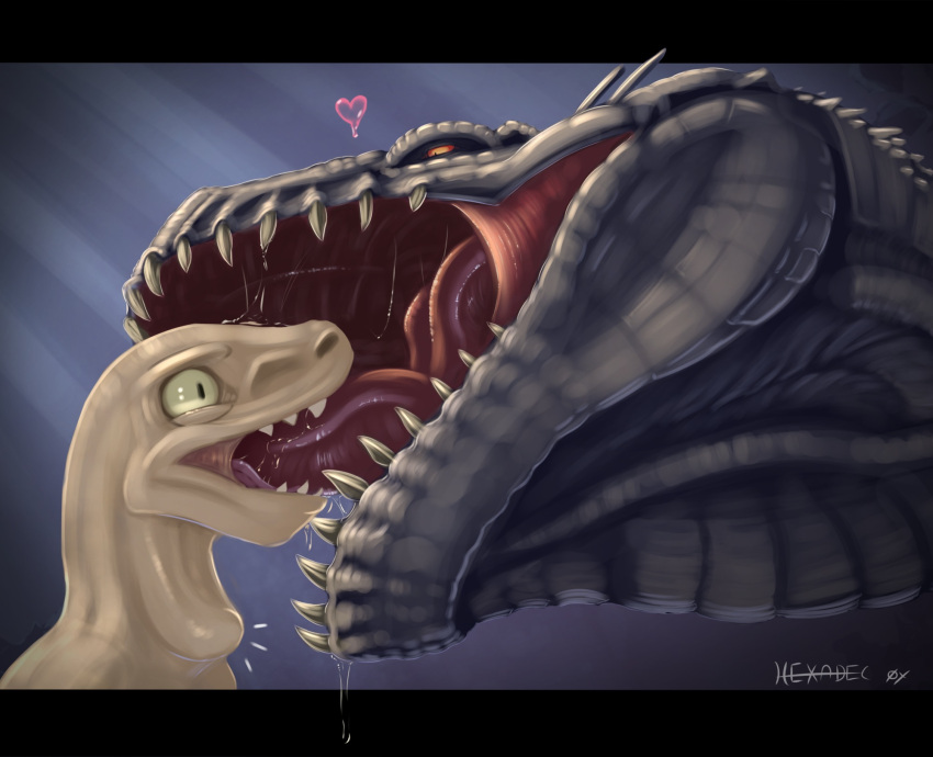 ambiguous_gender bodily_fluids deep_kiss deep_throat dinosaur dromaeosaurid duo feral french_kissing hexadec hi_res indominus_rex jurassic_park jurassic_world kissing neck_bulge oral picture_frame reptile saliva saliva_on_tongue saliva_string scalie size_difference size_play theropod tongue universal_studios