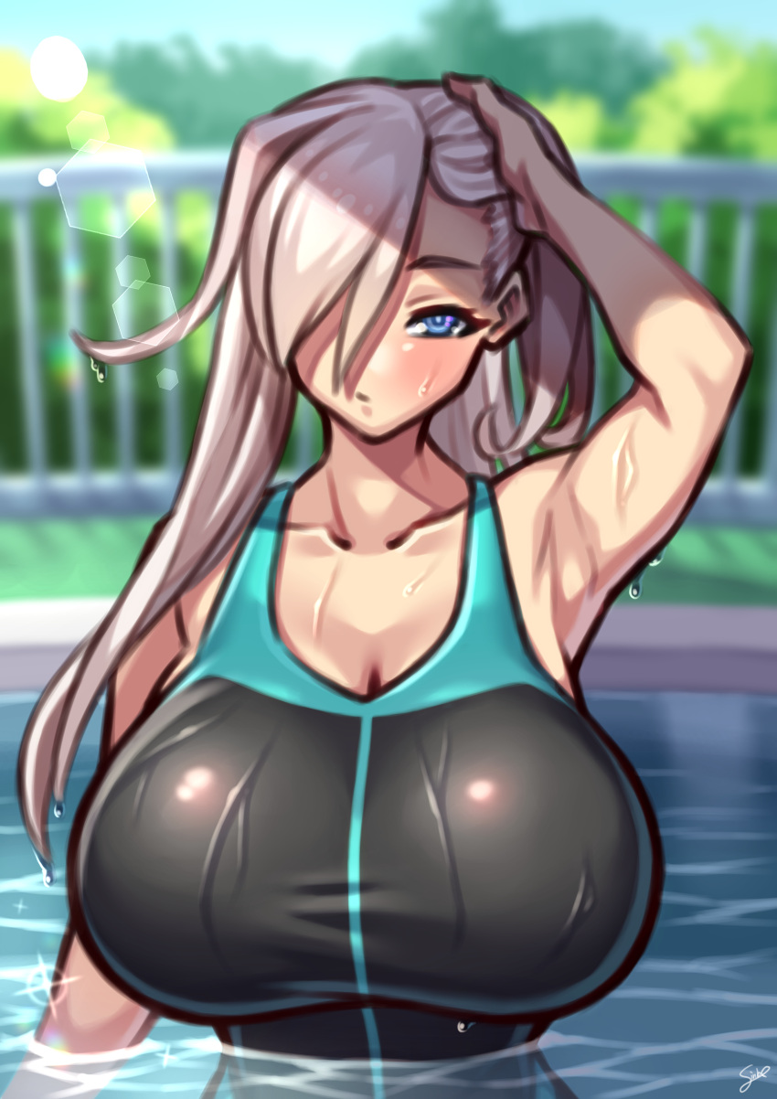1girl absurdres arm_behind_head arm_up armpits bangs bare_shoulders black_swimsuit blue_eyes blue_swimsuit blush breasts cleavage coffeelove68 collarbone fate/grand_order fate_(series) hair_over_one_eye highres huge_breasts long_hair looking_to_the_side miyamoto_musashi_(fate) miyamoto_musashi_(swimsuit_berserker)_(fate) one-piece_swimsuit pink_hair pool solo swept_bangs swimsuit two-tone_swimsuit water wet