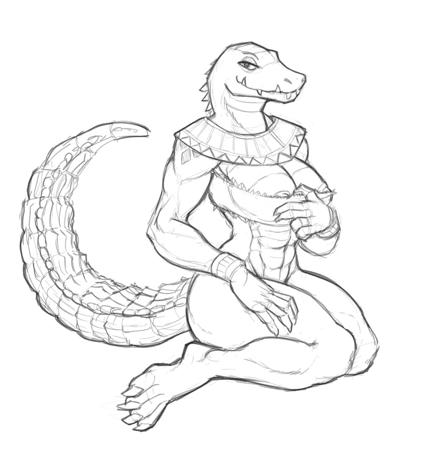 2020 abs absurd_res anthro big_breasts bra bracelet breasts butt claws clothing crocodile crocodilian crocodylid fangs female hand_on_leg hand_on_thigh hi_res holding_bra holding_clothing holding_object holding_underwear jewelry kneeling lakeslug looking_at_viewer looking_away mostly_nude nipple_slip overbite reptile scales scalie solo thick_thighs toe_claws underbite underwear