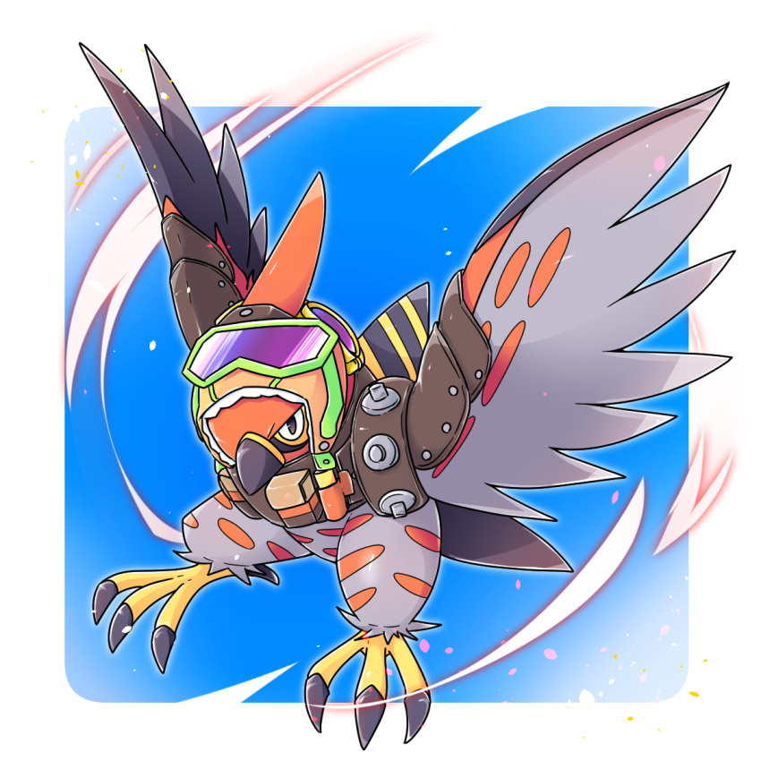 3_talons ambiguous_gender blue_background eyewear eyewear_on_head feral goggles goggles_on_head grey_body hi_res looking_at_viewer multicolored_body nintendo pok&eacute;mon pok&eacute;mon_(species) red_body simple_background solo talonflame talons video_games white_background ちゃば