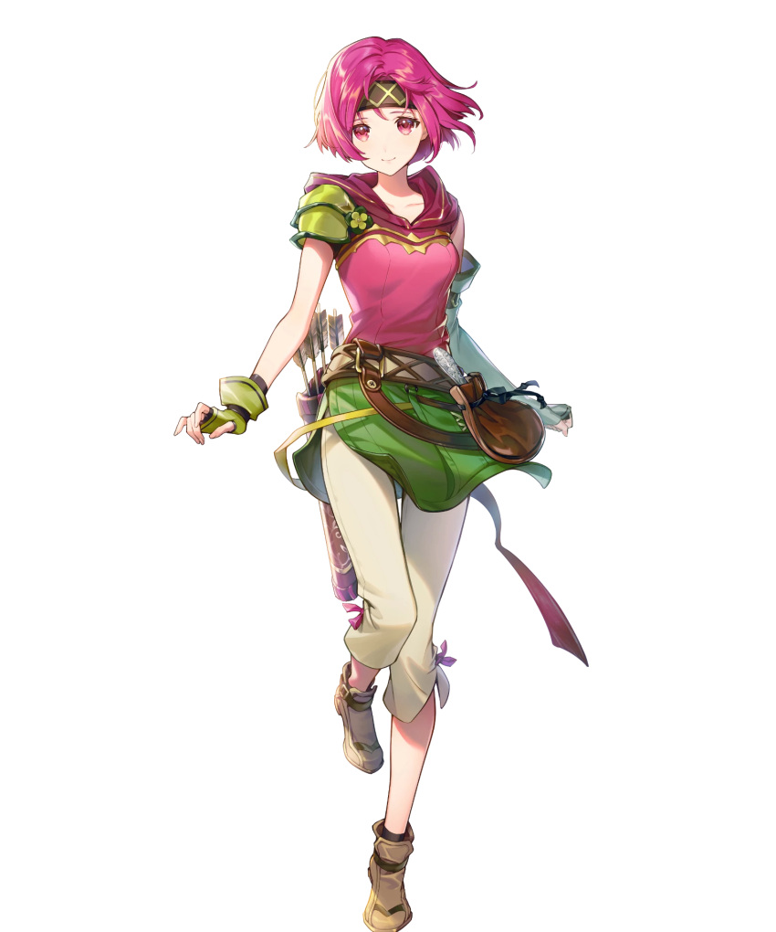 1girl armor arrow_(projectile) asymmetrical_gloves bangs belt belt_pouch breasts capri_pants closed_mouth collarbone elbow_gloves fingerless_gloves fire_emblem fire_emblem:_the_sacred_stones fire_emblem_heroes full_body gloves hagiya_kaoru headband highres hood hood_down lips looking_at_viewer medium_breasts neimi_(fire_emblem) official_art pants parted_bangs pink_eyes pink_hair pouch quiver shiny shiny_hair shoes short_hair shoulder_armor smile solo transparent_background