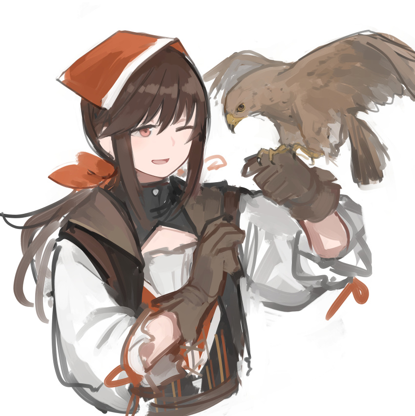 1girl 1other absurdres animal arm_up bangs bird bird_on_hand black_vest brown_gloves brown_hair eyebrows_visible_through_hair falcon falcon_(girls'_frontline) girls'_frontline gloves headband highres long_hair looking_at_another one_eye_closed open_mouth ponytail rampart1028 red_eyes red_headband ribbon shirt sidelocks sketch smile solo upper_body vest white_background white_shirt