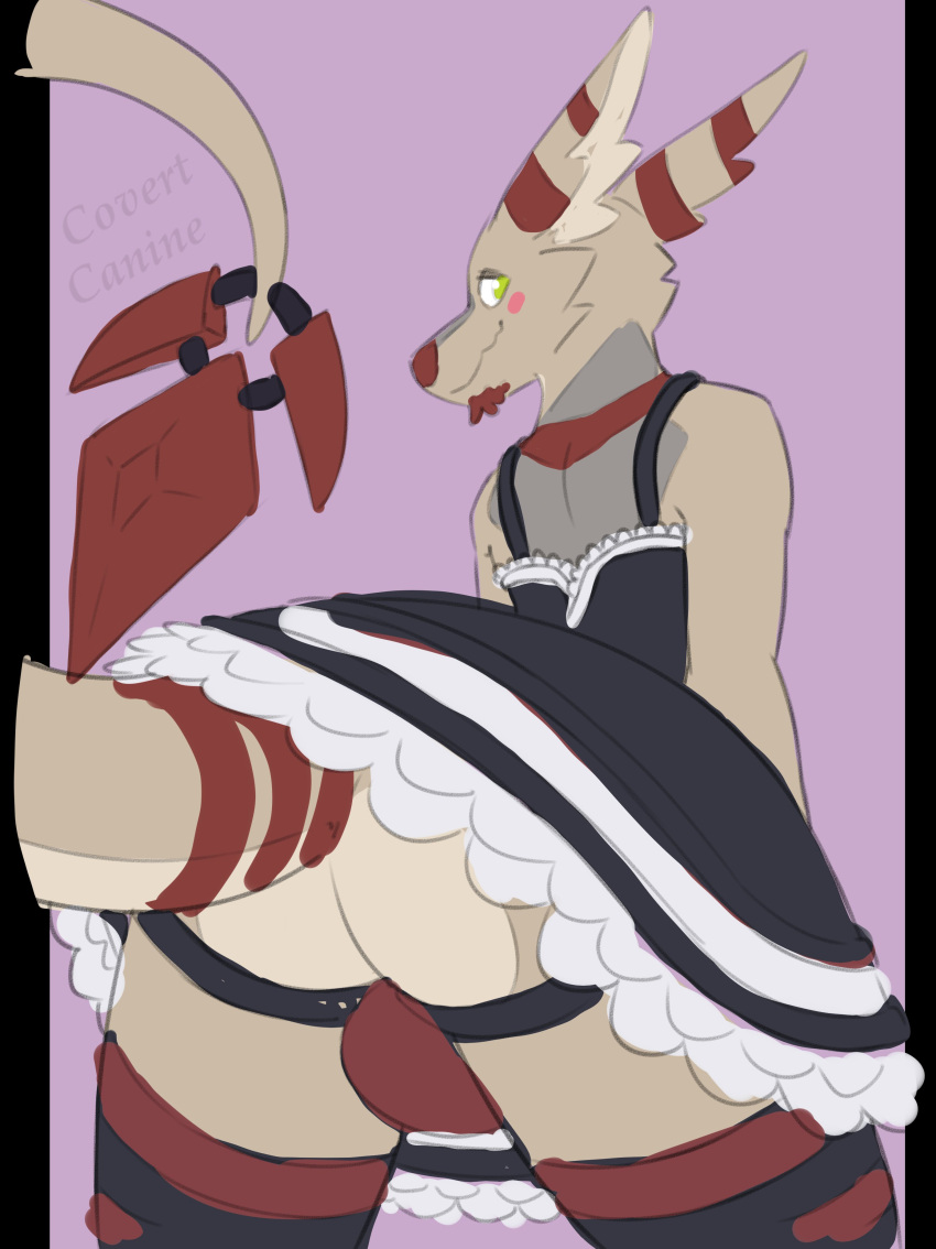 absurd_res anthro bulge butt canid canine canis clothed clothing covertcanine coyote crossdressing fur girly green_eyes hi_res hybrid jockstrap kale_(covertcanine) looking_back maid_uniform male mammal rear_view solo thick_thighs underwear uniform