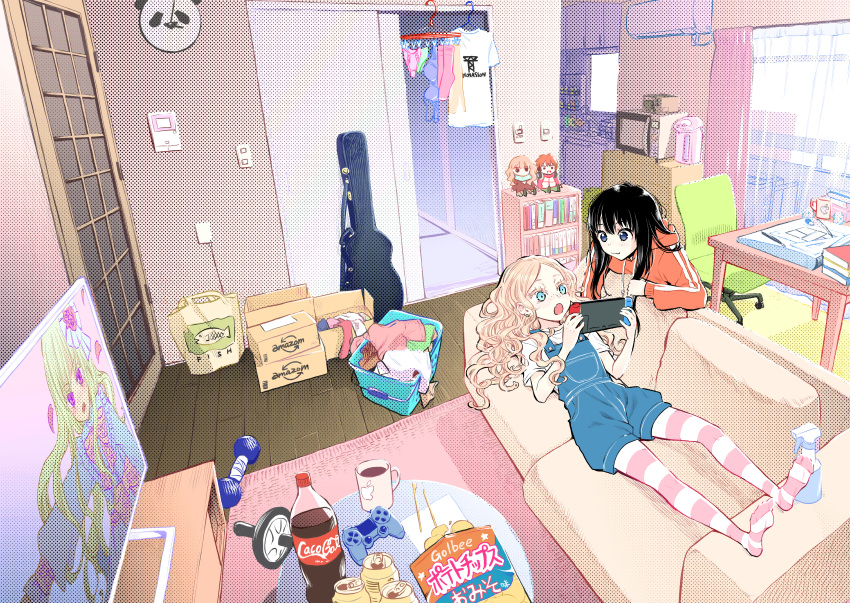 2girls :3 absurdres bag black_hair blonde_hair blue_eyes book bookshelf box bra bra_removed brand_name_imitation can cardboard_box carpet chair character_doll character_request chips clock closed_mouth coca-cola coffee_mug commentary_request controller couch cup curly_hair dumbbell dutch_angle fang fish food freckles futari_escape game_controller guitar_case halftone handbag highres holding holding_controller holding_game_controller hood hood_down hoodie indoors instrument_case kouhai_(futari_escape) laundry_basket long_hair looking_at_object lying microwave mug multiple_girls nintendo_switch no_shoes office_chair official_art on_back on_couch open_mouth orange_hoodie overalls pantyhose pen pink_legwear purple_eyes senpai_(futari_escape) shirt shirt_removed skin_fang striped striped_legwear table taguchi_shouichi television underwear white_legwear white_shirt wooden_floor