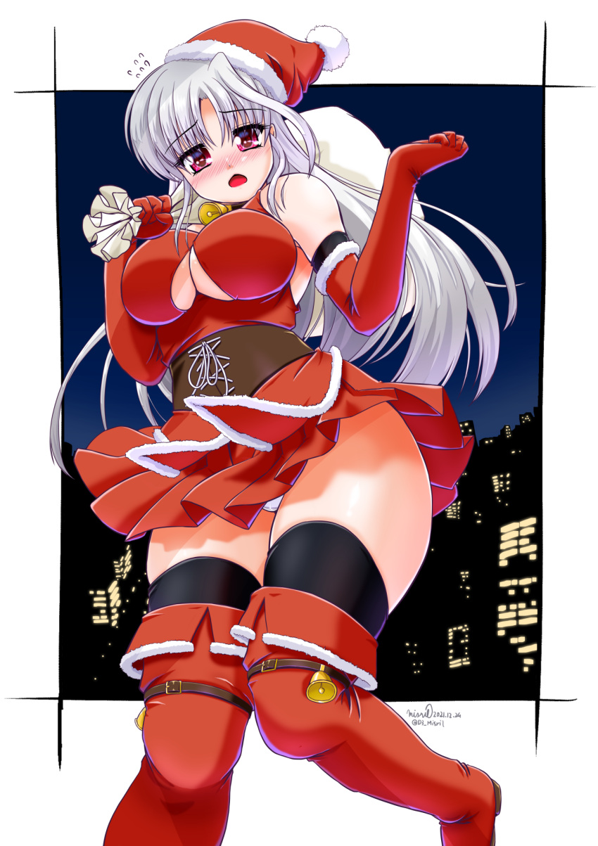 1girl artist_name bell black_legwear blush boots breasts christmas cityscape cleavage_cutout clothing_cutout commentary_request dated dress elbow_gloves embarrassed eyebrows_visible_through_hair flying_sweatdrops frown gloves hat highres holding holding_sack large_breasts long_hair looking_at_viewer lyrical_nanoha misril night open_mouth outside_border over_shoulder panties pantyshot pleated_dress red_eyes red_footwear red_gloves red_headwear reinforce sack santa_boots santa_gloves santa_hat short_dress signature silver_hair sleeveless sleeveless_dress solo standing standing_on_one_leg thigh_boots thighhighs thighs twitter_username underwear white_panties