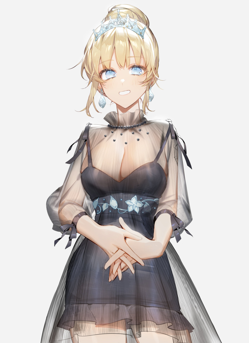 1girl absurdres black_dress blonde_hair blue_eyes breasts cleavage cowboy_shot dress earrings eyebrows_visible_through_hair grey_background hair_bun highres hololive hololive_english interlocked_fingers jewelry large_breasts long_sleeves looking_at_viewer own_hands_together parted_lips see-through_dress simple_background smile solo tefco tiara virtual_youtuber watson_amelia