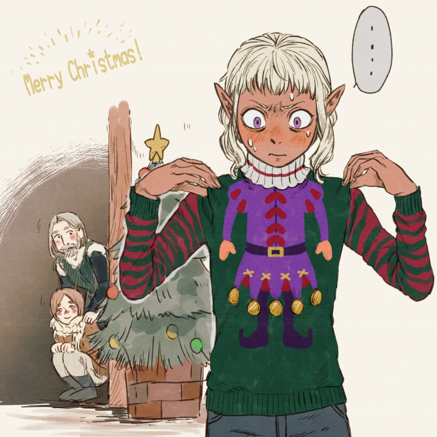 ... 3boys blush brown_hair christmas christmas_tree dark_elf delgal_(dungeon_meshi) dungeon_meshi elf embarrassed english_text facial_hair flatamany goatee highres multiple_boys mustache pointy_ears purple_eyes speech_bubble star_(symbol) sweatdrop thistle_(dungeon_meshi) ugly_sweater white_hair yaad_(dungeon_meshi)