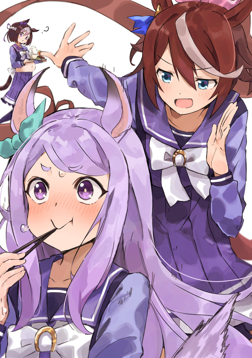 3girls ? absurdres animal_ears bangs blue_eyes blush brown_hair chopsticks chopsticks_in_mouth commentary_request hakoneko_(marisa19899200) highres holding holding_chopsticks holding_tray horse_ears horse_girl long_hair long_sleeves mejiro_mcqueen_(umamusume) multicolored_hair multiple_girls navel nose_blush open_mouth pleated_skirt ponytail purple_eyes purple_hair purple_shirt purple_skirt sailor_collar school_uniform shirt simple_background skirt special_week_(umamusume) startled stomach_bulge streaked_hair surprised sweat tokai_teio_(umamusume) tracen_school_uniform tray umamusume whispering white_background