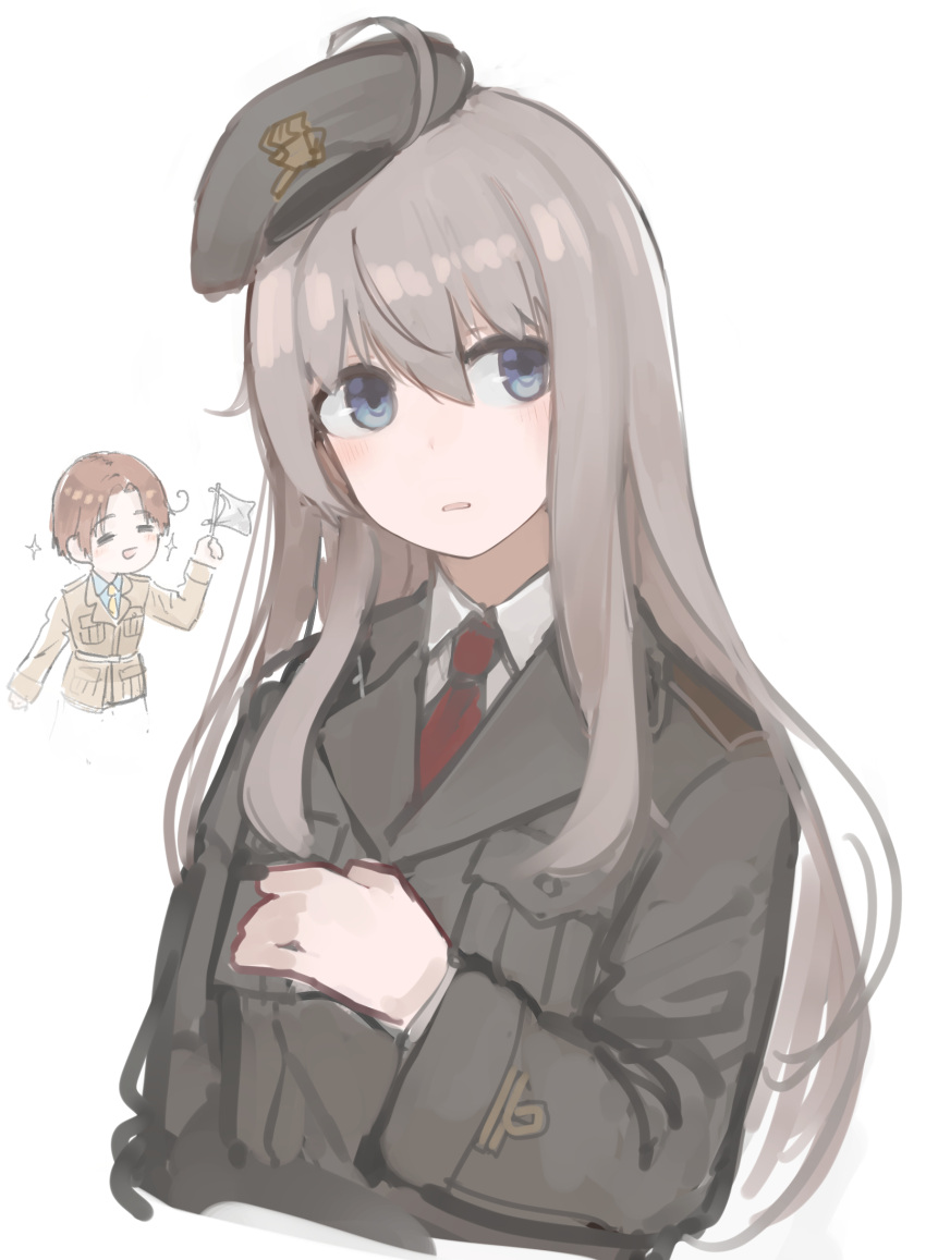 1girl ahoge bangs beret beretta_model_38_(girls'_frontline) blue_eyes blush character_request eyebrows_visible_through_hair girls'_frontline grey_hair grey_headwear grey_jacket hair_between_eyes hat highres jacket long_hair long_sleeves looking_at_viewer military military_uniform necktie open_mouth rampart1028 red_necktie shirt solo uniform upper_body white_background white_shirt