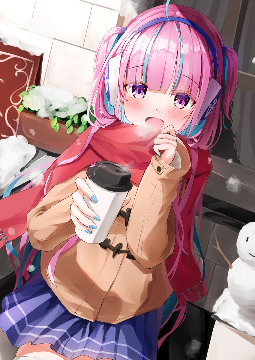 1girl absurdres alternate_costume bangs blue_hair blue_nails blue_skirt blush brick_wall brown_coat coat coffee commentary_request cowboy_shot cup eyebrows_visible_through_hair headphones highres holding holding_cup hololive long_hair long_sleeves matcha_(user_yyss8744) minato_aqua multicolored_hair nail_polish open_mouth outdoors pink_hair pleated_skirt purple_eyes red_scarf sandwich_board scarf skirt smile snow snowman solo streaked_hair very_long_hair virtual_youtuber visible_air winter