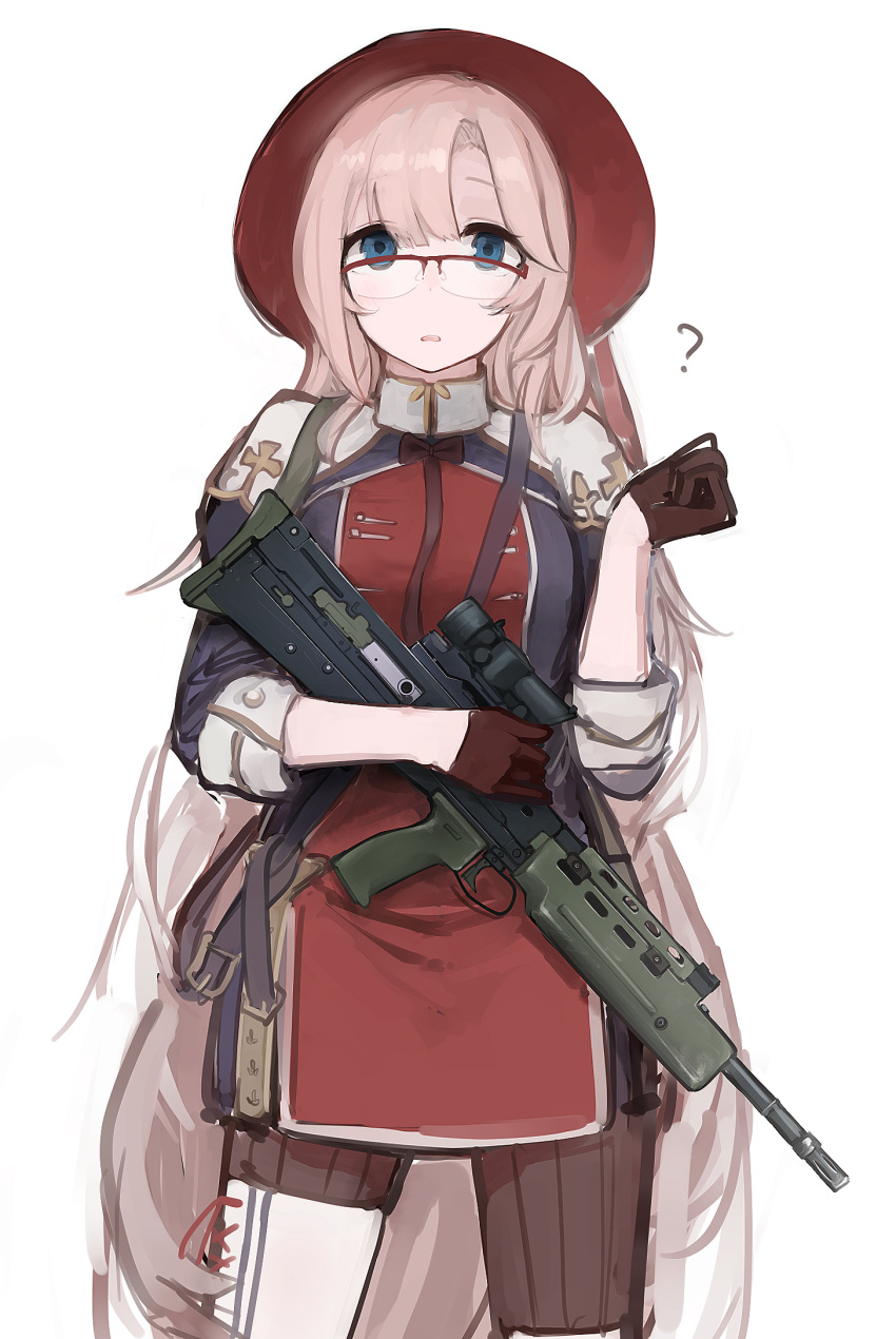 1girl ? assault_rifle asymmetrical_legwear bangs black_legwear blue_eyes brown_gloves bullpup eyebrows_visible_through_hair feet_out_of_frame girls'_frontline glasses gloves gun hair_between_eyes highres holding holding_gun holding_weapon l85 l85a1_(girls'_frontline) long_hair looking_at_viewer open_mouth pink_hair rampart1028 red_headwear rifle solo standing uniform weapon white_background