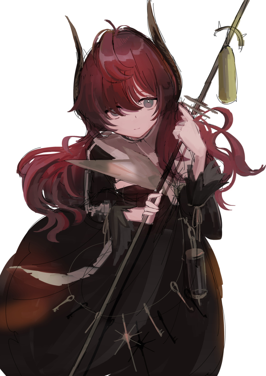 1girl arknights bangs black_dress closed_mouth copyright_request domma_(arknights) dress eyebrows_visible_through_hair grey_eyes hair_over_one_eye hemorina highres holding horns long_sleeves red_hair simple_background sketch solo white_background