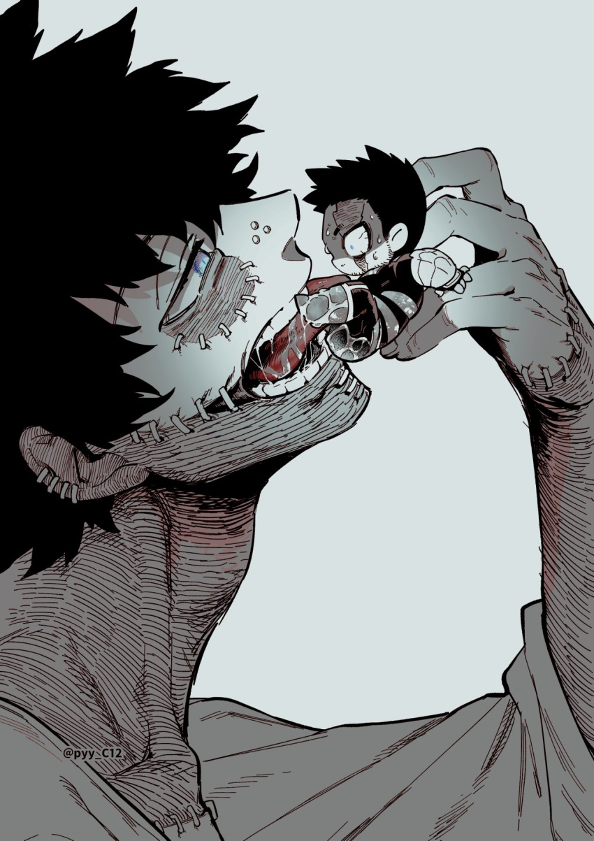 2boys adam's_apple beard blue_eyes boku_no_hero_academia boots burn_scar chibi costume dabi_(boku_no_hero_academia) ear_piercing endeavor_(boku_no_hero_academia) facial_hair father_and_son fingerless_gloves gloves greyscale highres holding_person kan_(pyy_c12) licking male_focus monochrome multiple_boys mustache nose_piercing open_mouth panicking piercing resisting saliva scar scar_across_eye scar_on_arm scar_on_cheek scar_on_face scar_on_mouth scar_on_neck short_hair sideburns size_difference sleeves_pushed_up spiked_hair spot_color stapled stubble sweatdrop teeth twitter_username very_short_hair