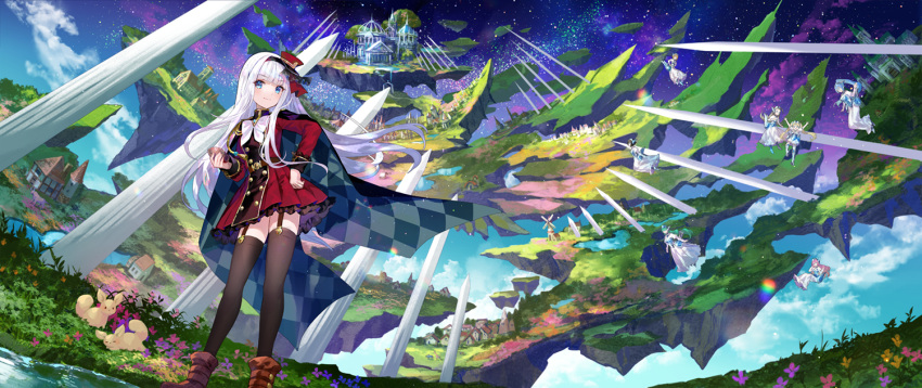 1girl bangs black_legwear blue_eyes blunt_bangs blurry bunny cape checkered cloak closed_mouth cloud commentary_request depth_of_field dress eyebrows_visible_through_hair fantasy floating floating_island fuzichoco garter_straps hairband hand_on_hip hat kenja_no_deshi_wo_nanoru_kenja lens_flare long_hair long_sleeves multiple_girls neck_ribbon perspective pillar red_dress ribbon scenery sky smile standing star_(sky) starry_sky thighhighs white_dress white_hair