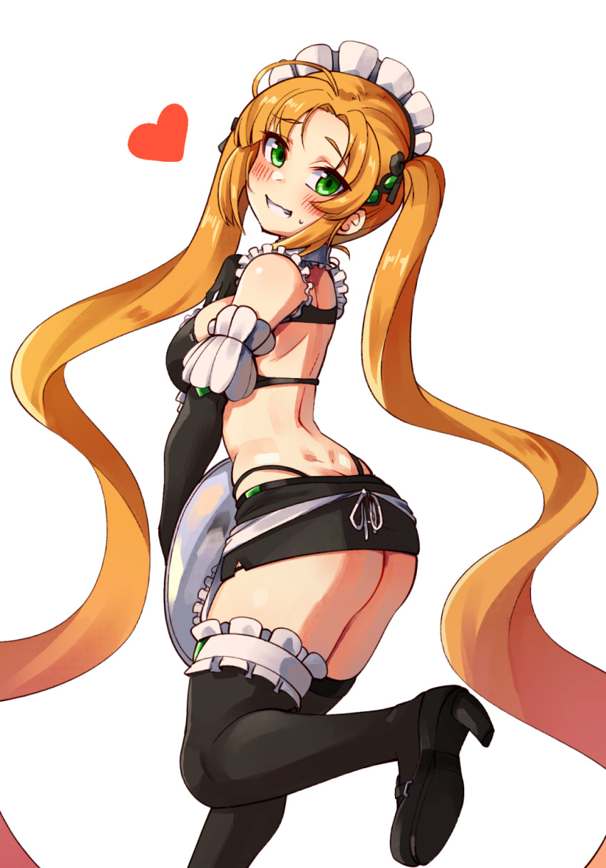 ahoge ajidot alternate_costume apron bikini black_gloves black_legwear blush dimples_of_venus elbow_gloves enmaided frilled_apron frills from_behind gloves green_eyes grin heart highres last_origin leg_up long_hair looking_at_viewer looking_back maid maid_apron maid_bikini maid_headdress nereid_(last_origin) orange_hair simple_background smile sweatdrop swimsuit thighhighs tray twintails very_long_hair waist_apron white_apron white_background