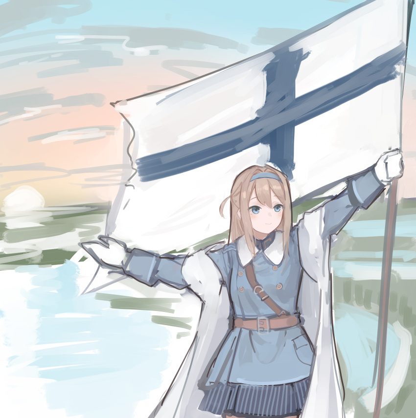 1girl absurdres bangs belt blonde_hair blue_coat blue_eyes blue_hairband blue_skirt blush brown_belt cloak closed_mouth coat eyebrows_visible_through_hair feet_out_of_frame finnish_flag flag girls'_frontline gloves hairband highres holding holding_flag long_hair looking_away rampart1028 simple_background sketch skirt solo standing suomi_(girls'_frontline) white_cloak white_gloves winter_clothes winter_coat