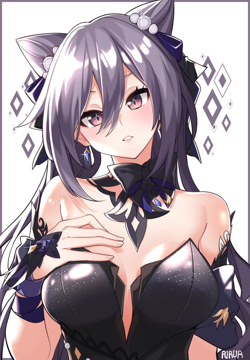 1girl absurdres arm_garter artist_name black_bow black_dress black_ribbon blush border bow breasts cleavage commentary detached_collar diamond-shaped_pupils diamond_(shape) dress earrings genshin_impact glint hair_between_eyes hair_cones hand_on_own_chest head_tilt highres jewelry keqing_(genshin_impact) keqing_(opulent_splendor)_(genshin_impact) lips lira long_hair looking_at_viewer medium_breasts official_alternate_costume parted_lips pearl_hair_ornament purple_eyes ribbon signature silver_hair simple_background solo strapless strapless_dress symbol-shaped_pupils twintails upper_body white_background wrist_ribbon