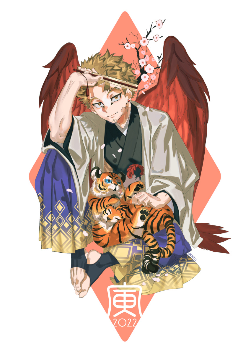 1boy 2022 barefoot bird_boy blonde_hair body_markings boku_no_hero_academia branch burn_scar cherry_blossoms chinese_zodiac earrings elbow_on_knee facial_hair falling_feathers falling_petals feathered_wings folding_fan goatee hakama hakama_pants hand_fan hawks_(boku_no_hero_academia) highres japanese_clothes jewelry kimono knees_apart_feet_together looking_at_viewer male_focus new_year ozke pants petals red_feathers scar scar_on_cheek scar_on_face scar_on_neck shadow short_hair simple_background sitting solo stirrup_legwear straight-on stud_earrings tiger tiger_cub toeless_legwear toned toned_male twitter_username wings year_of_the_tiger