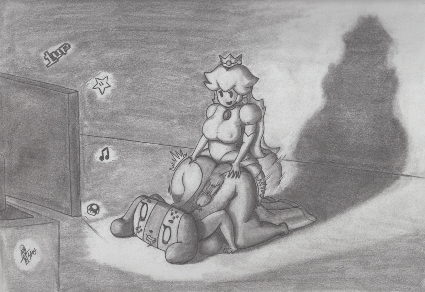 animate_inanimate anthro bodily_fluids breasts canid clenched_teeth doggystyle drooling duo female floppy_ears from_behind_position gynomorph human intersex intersex/female long_ears mammal mario_bros monochrome motion_lines nintendo nintendo_switch nipple_outline penetration princess_peach saliva sex shadow supermoonshroom switch_dog tears teeth traditional_media_(artwork) video_games watermark wide_hips